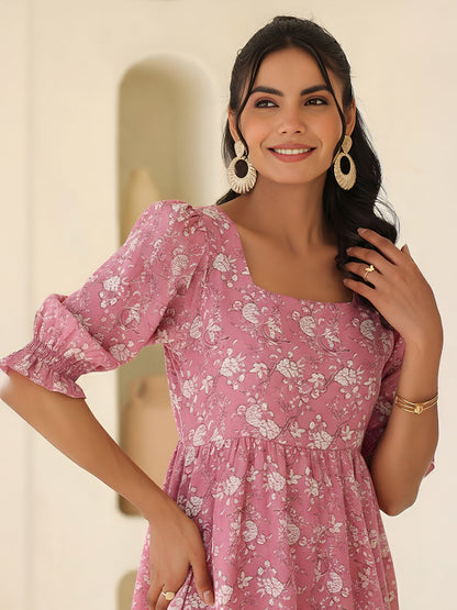 Janasya Women's Pink Pure Cotton Floral Printed A-Line Dress