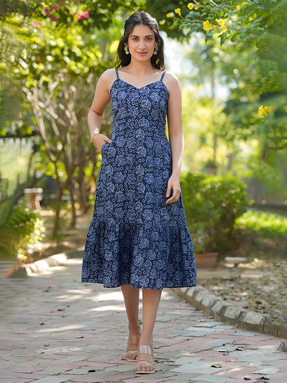Janasya Women's Blue Pure Cotton Batik Printed Tiered Dress