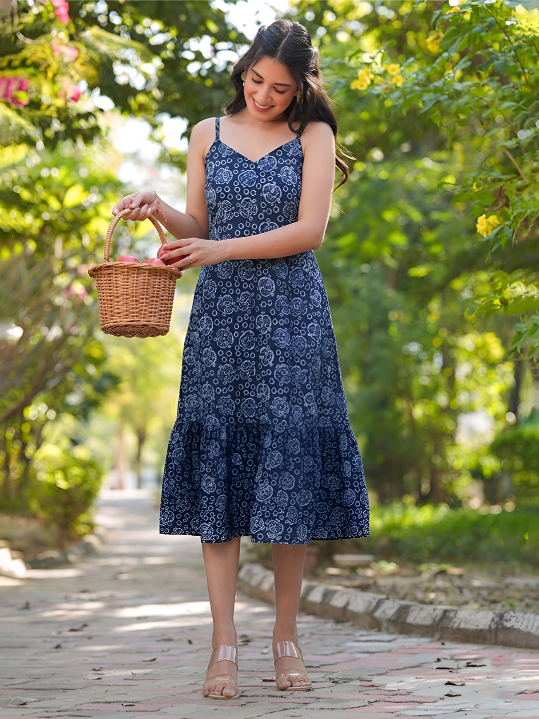 Janasya Women's Blue Pure Cotton Batik Printed Tiered Dress
