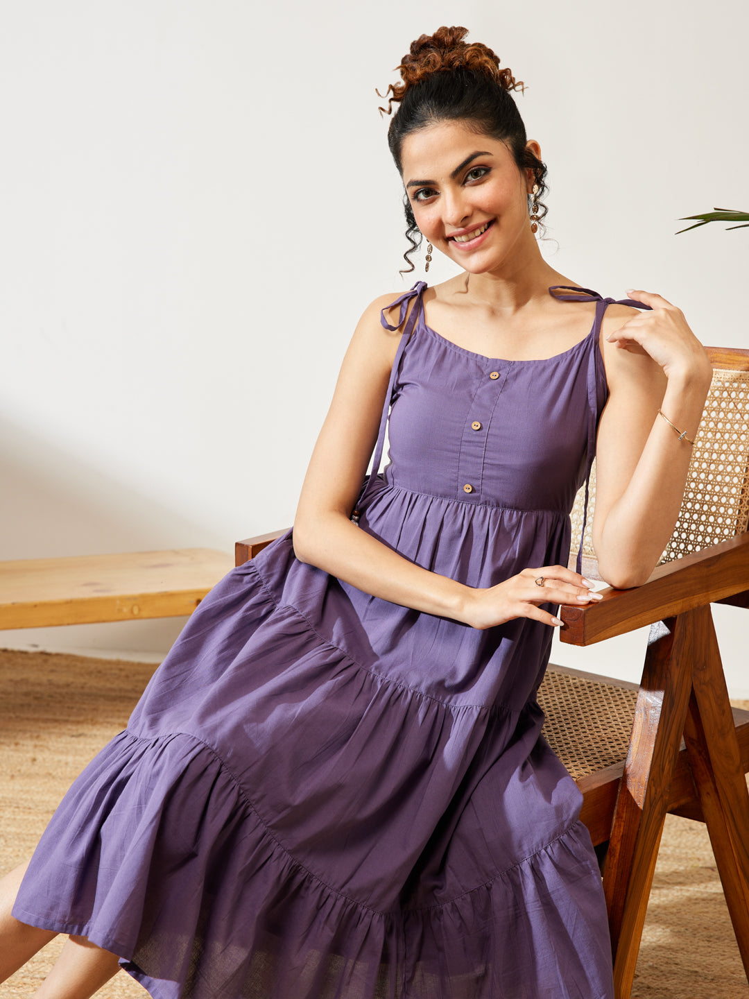 Janasya Women's Lavender Pure Cotton Solid Tiered Dress
