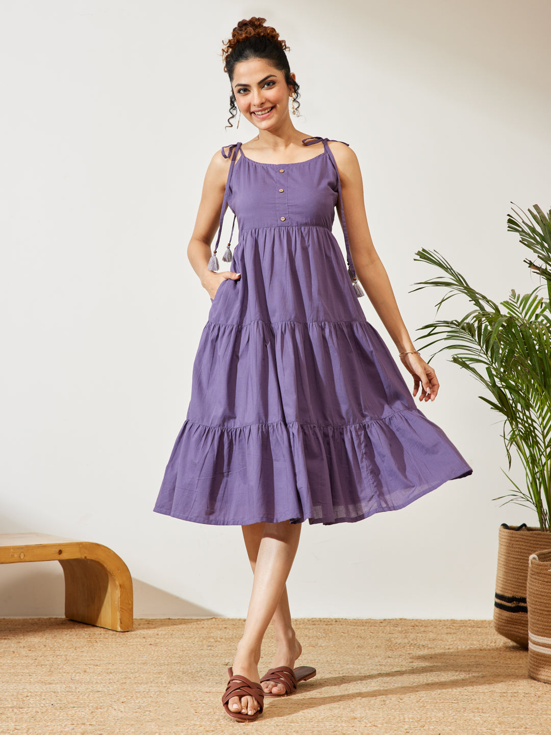 Janasya Women's Lavender Pure Cotton Solid Tiered Dress
