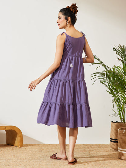 Janasya Women's Lavender Pure Cotton Solid Tiered Dress