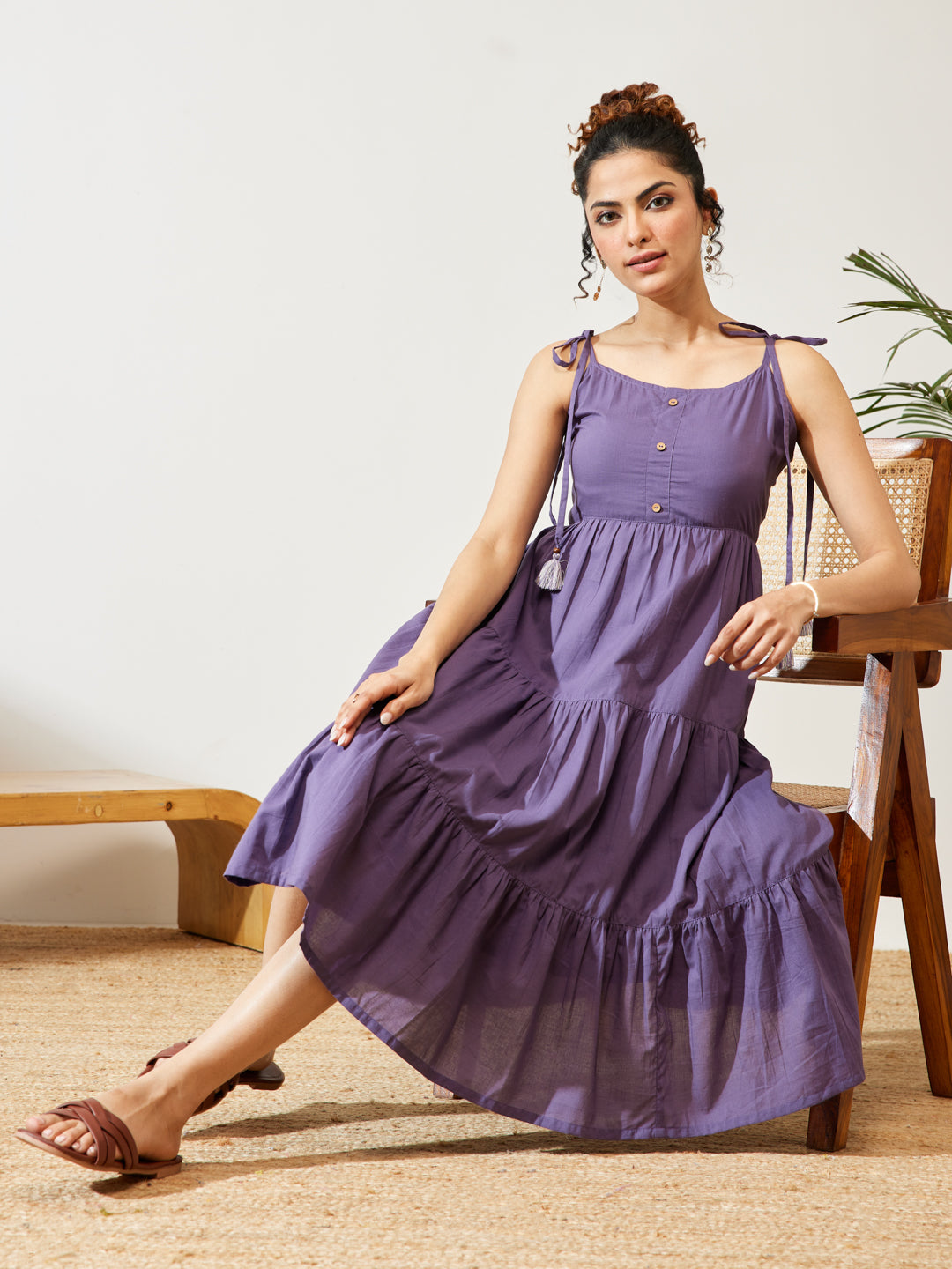 Janasya Women's Lavender Pure Cotton Solid Tiered Dress