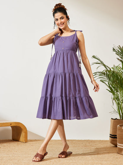 Janasya Women's Lavender Pure Cotton Solid Tiered Dress