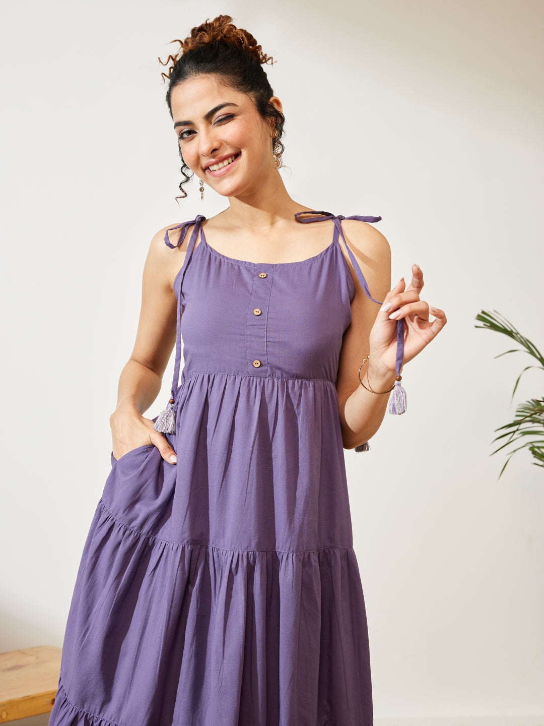 Janasya Women's Lavender Pure Cotton Solid Tiered Dress