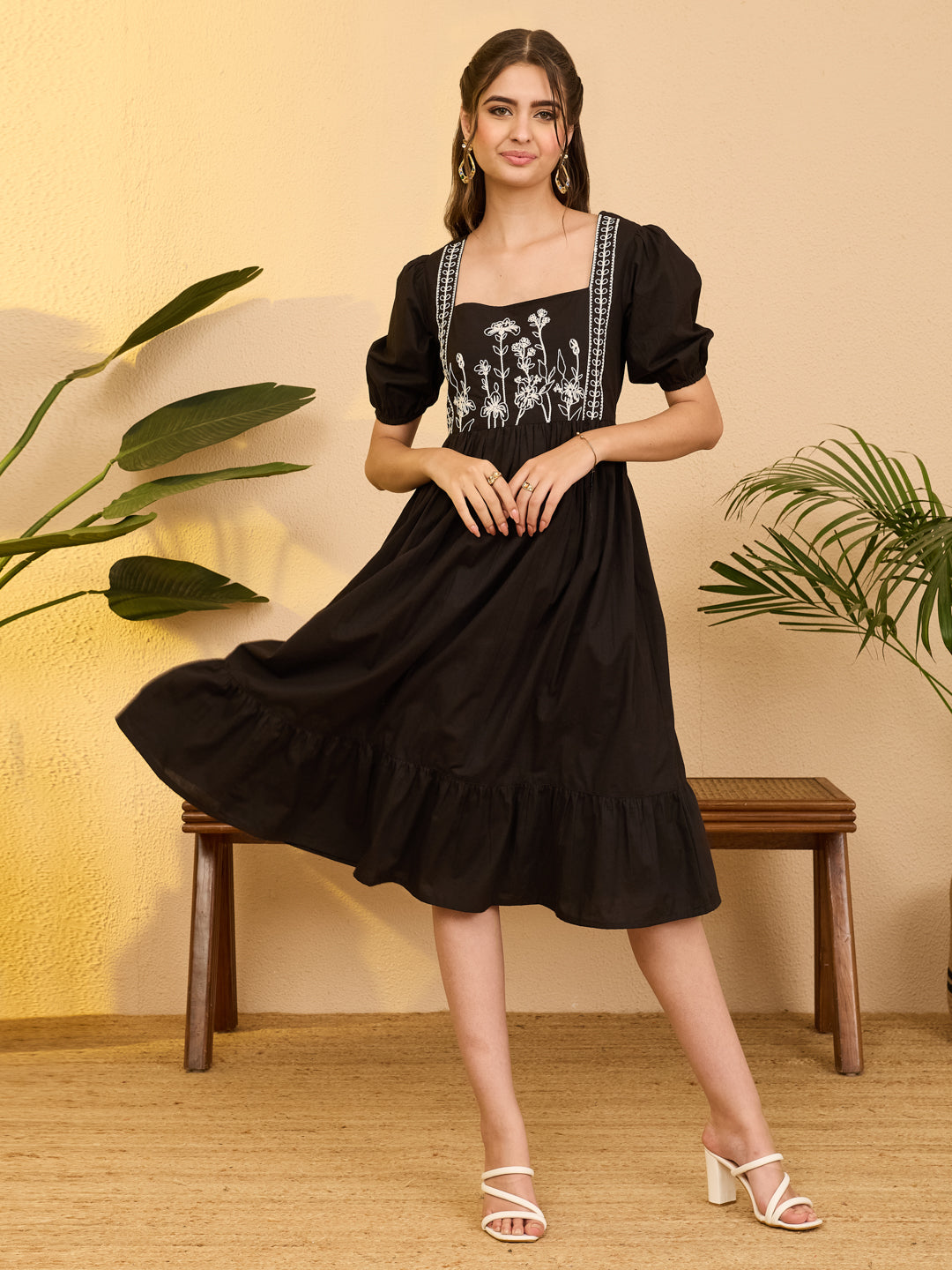 Janasya Women's Black Pure Cotton Floral Embroidered Gathered Dress