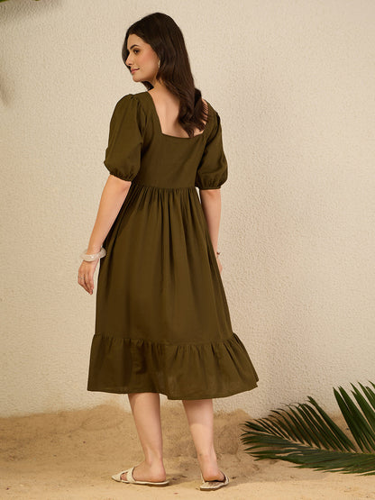 Janasya Women's Olive Green Linen Cotton Embroidered A-Line Dress