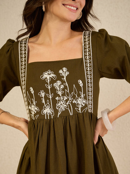 Janasya Women's Olive Green Linen Cotton Embroidered A-Line Dress