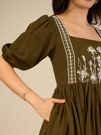 Janasya Women's Olive Green Linen Cotton Embroidered A-Line Dress