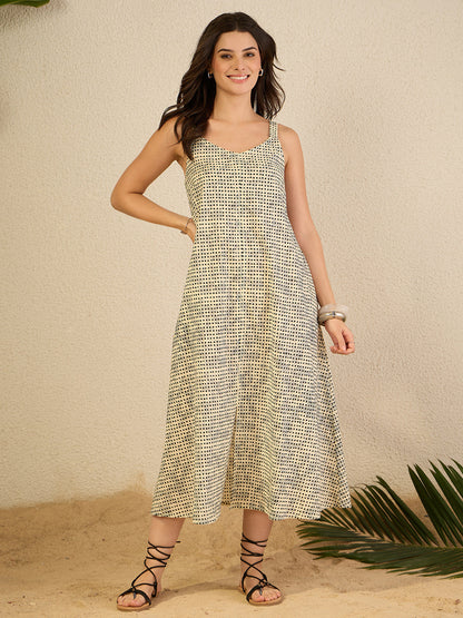 Janasya Women's Cream Pure Cotton Polka Dot Printed A-Line Dress