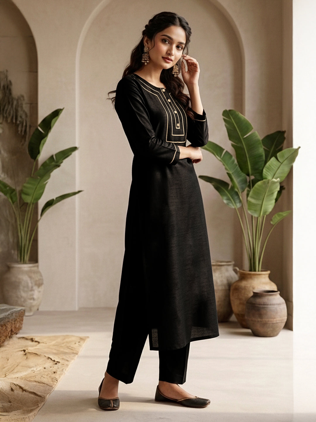 Janasya Women's Black Color Crepe Silk Solid Straight Kurta Pant Set