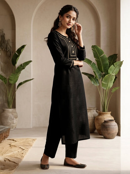 Janasya Women's Black Color Crepe Silk Solid Straight Kurta Pant Set