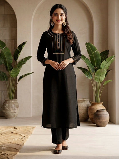 Janasya Women's Black Color Crepe Silk Solid Straight Kurta Pant Set