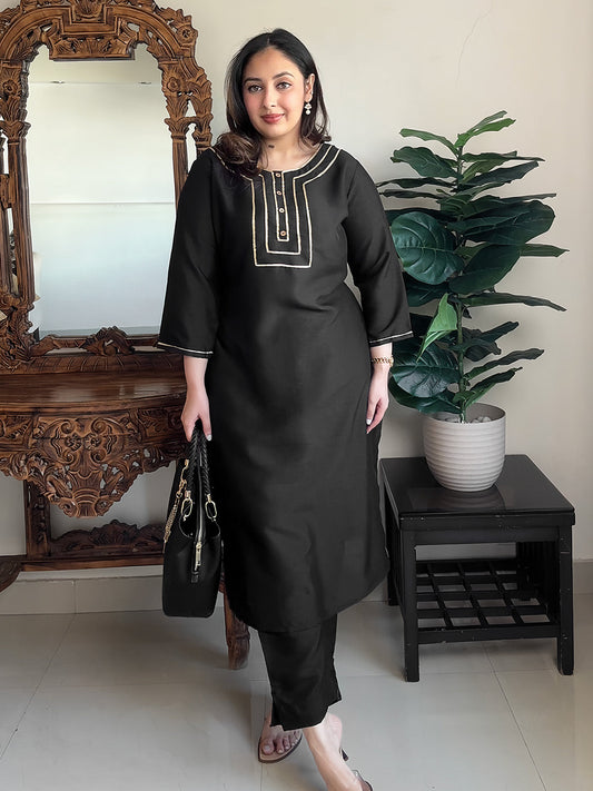 Janasya Women's Black Color Crepe Silk Solid Straight Kurta Pant Set