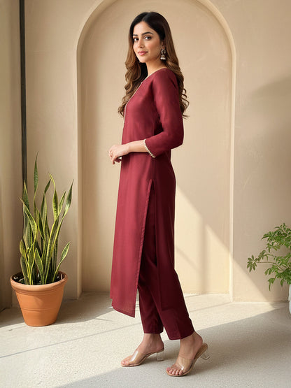 Janasya Women's Brown Crepe Silk Yoke Design Straight Kurta Pant Set