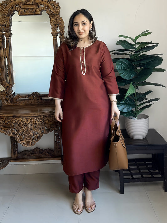 Janasya Women's Brown Crepe Silk Yoke Design Straight Kurta Pant Set