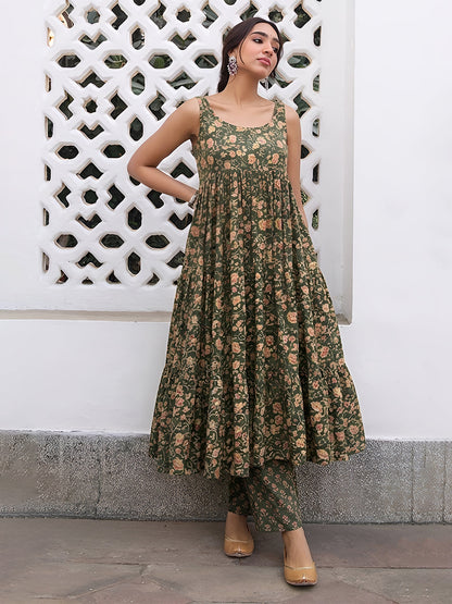 Janasya Women's Sage Green Pure Cotton Floral Printed A-line Kurta With Palazzo Set