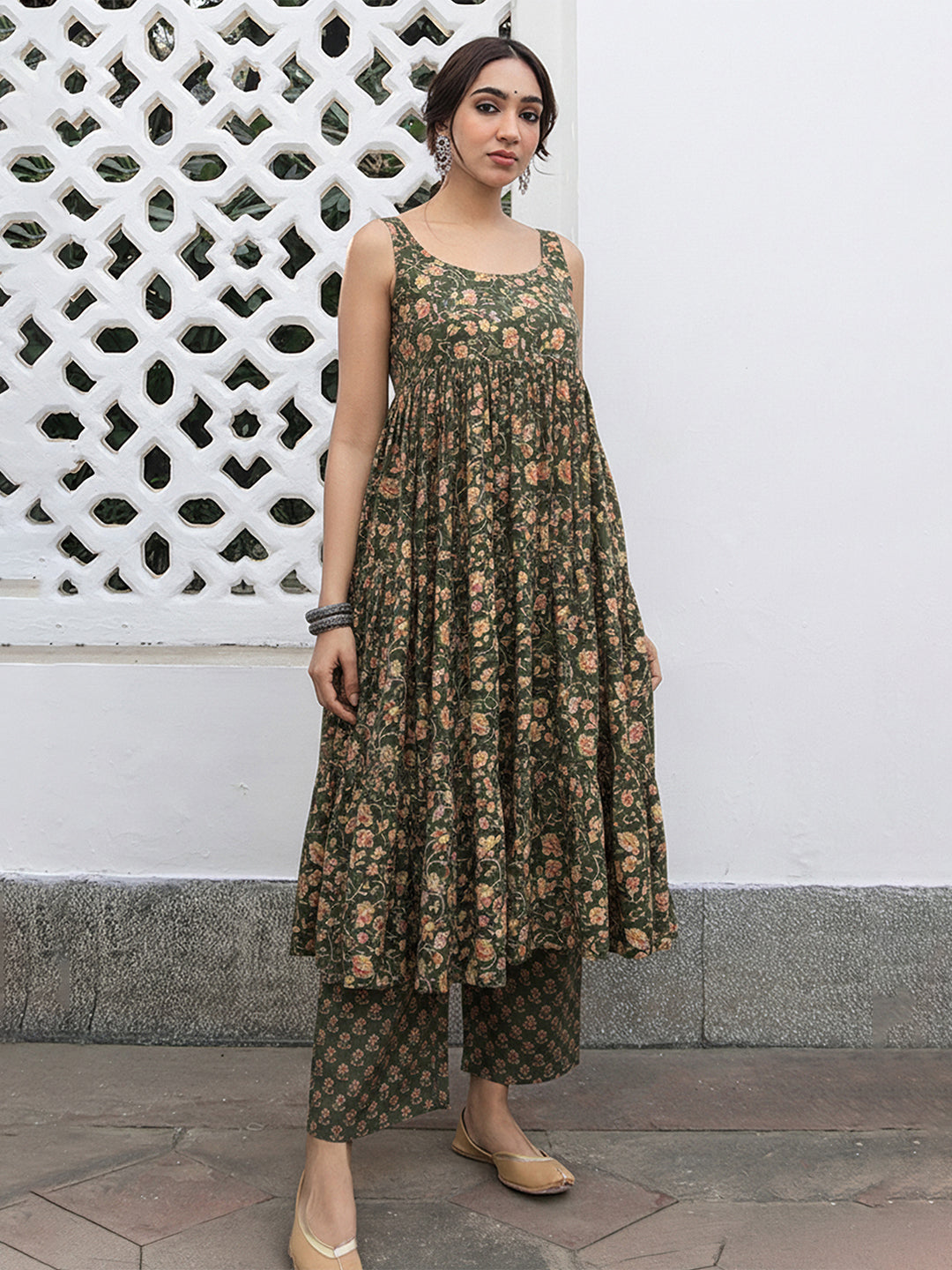 Janasya Women's Sage Green Pure Cotton Floral Printed A-line Kurta With Palazzo Set