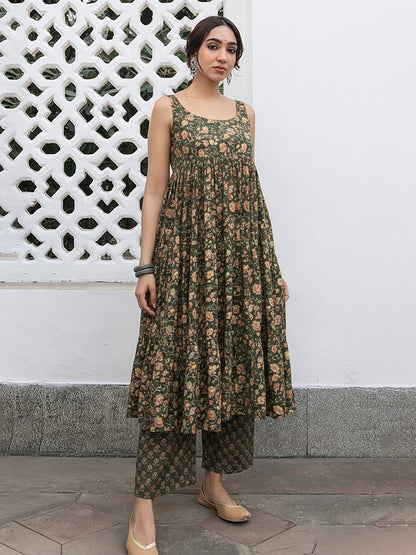 Janasya Women's Sage Green Pure Cotton Floral Printed A-line Kurta With Palazzo Set