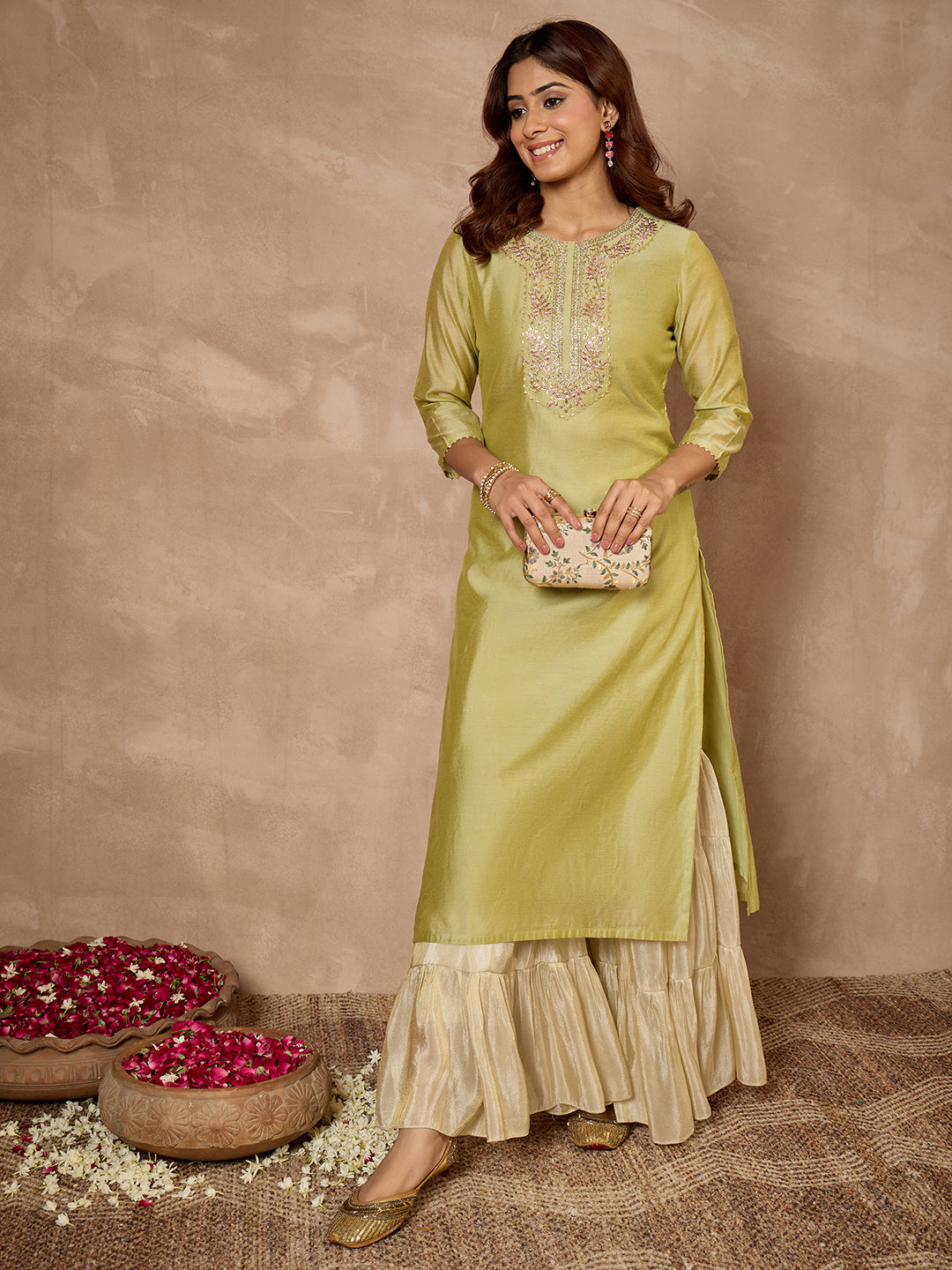 Janasya Women's Mint Green Mull Chanderi Yoke Embroidered Straight Kurta