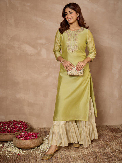Janasya Women's Mint Green Mull Chanderi Yoke Embroidered Straight Kurta