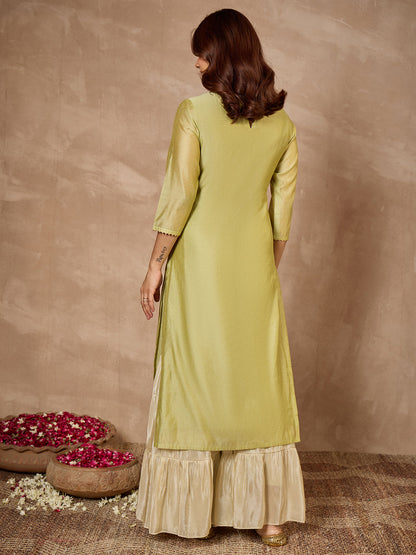 Janasya Women's Mint Green Mull Chanderi Yoke Embroidered Straight Kurta