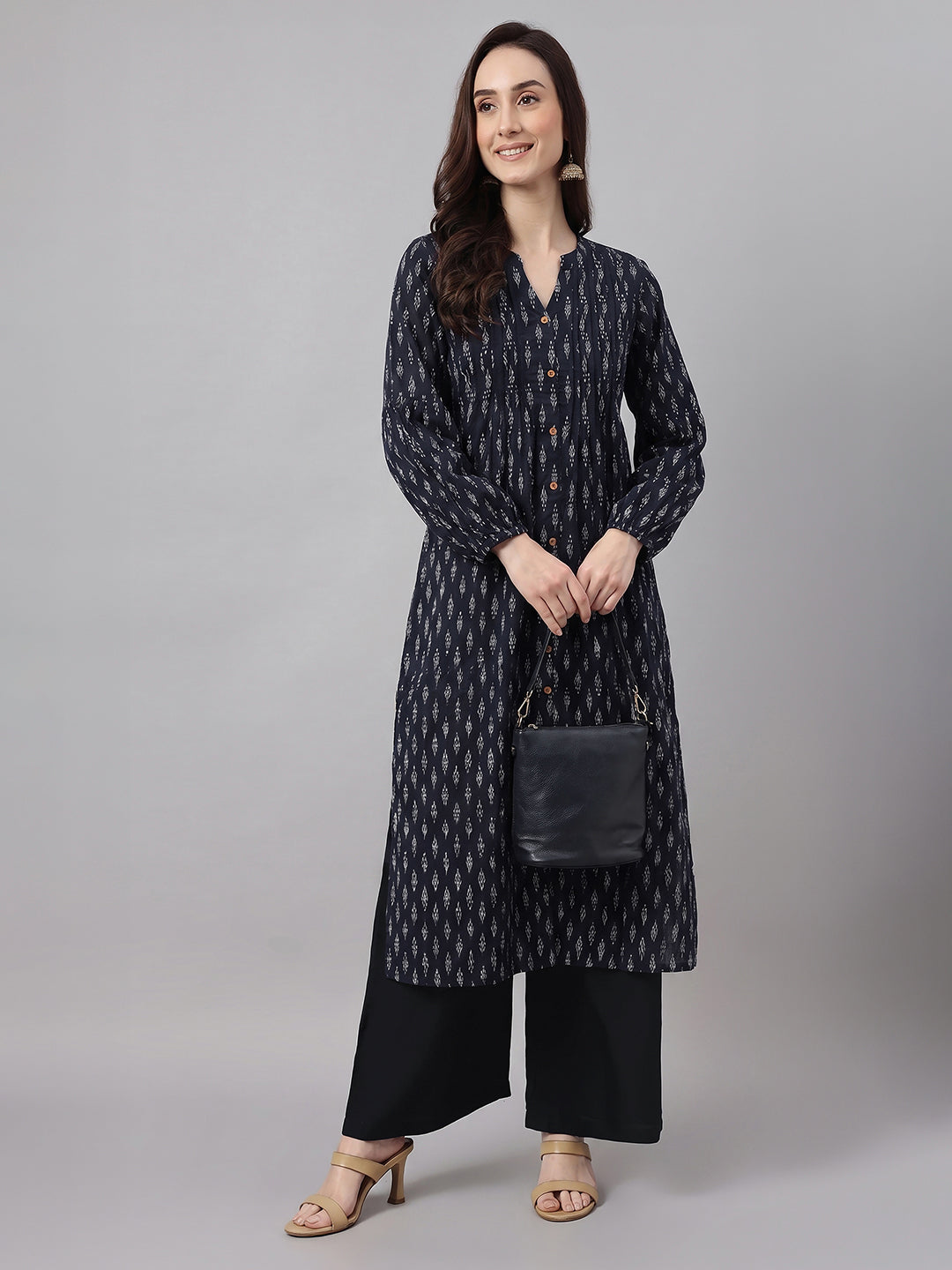 Janasya Women's Black Pure Cotton Ethnic Motifs Printed A-Line Kurta