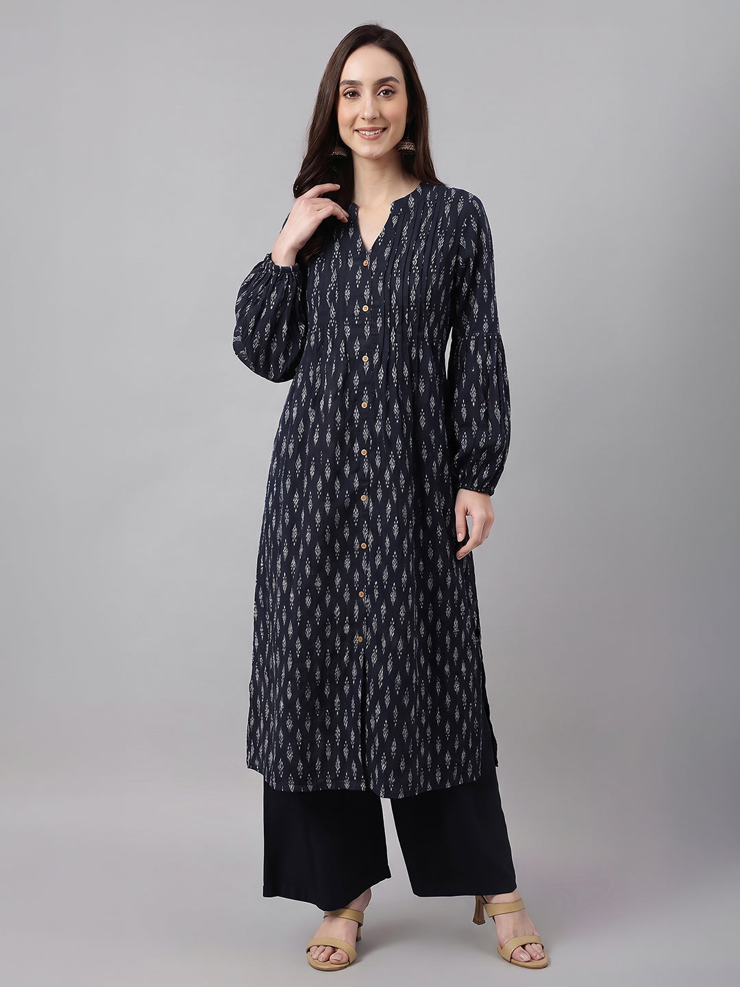 Janasya Women's Black Pure Cotton Ethnic Motifs Printed A-Line Kurta