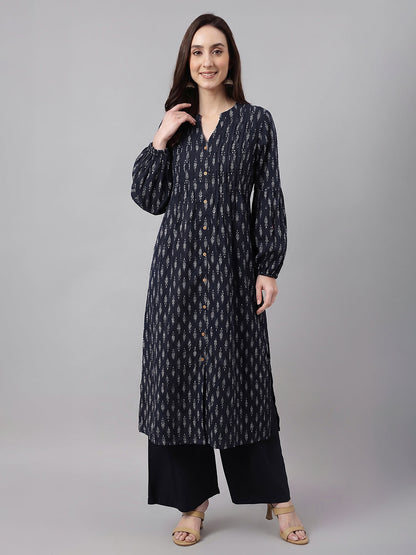 Janasya Women's Black Pure Cotton Ethnic Motifs Printed A-Line Kurta