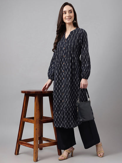 Janasya Women's Black Pure Cotton Ethnic Motifs Printed A-Line Kurta