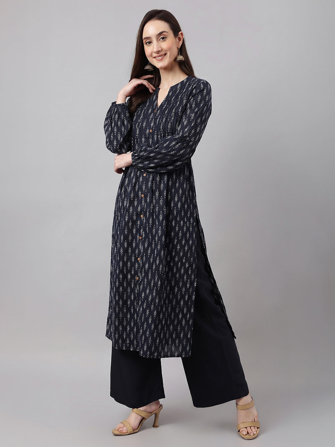 Janasya Women's Black Pure Cotton Ethnic Motifs Printed A-Line Kurta