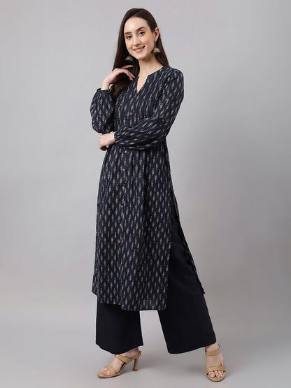 Janasya Women's Black Pure Cotton Ethnic Motifs Printed A-Line Kurta