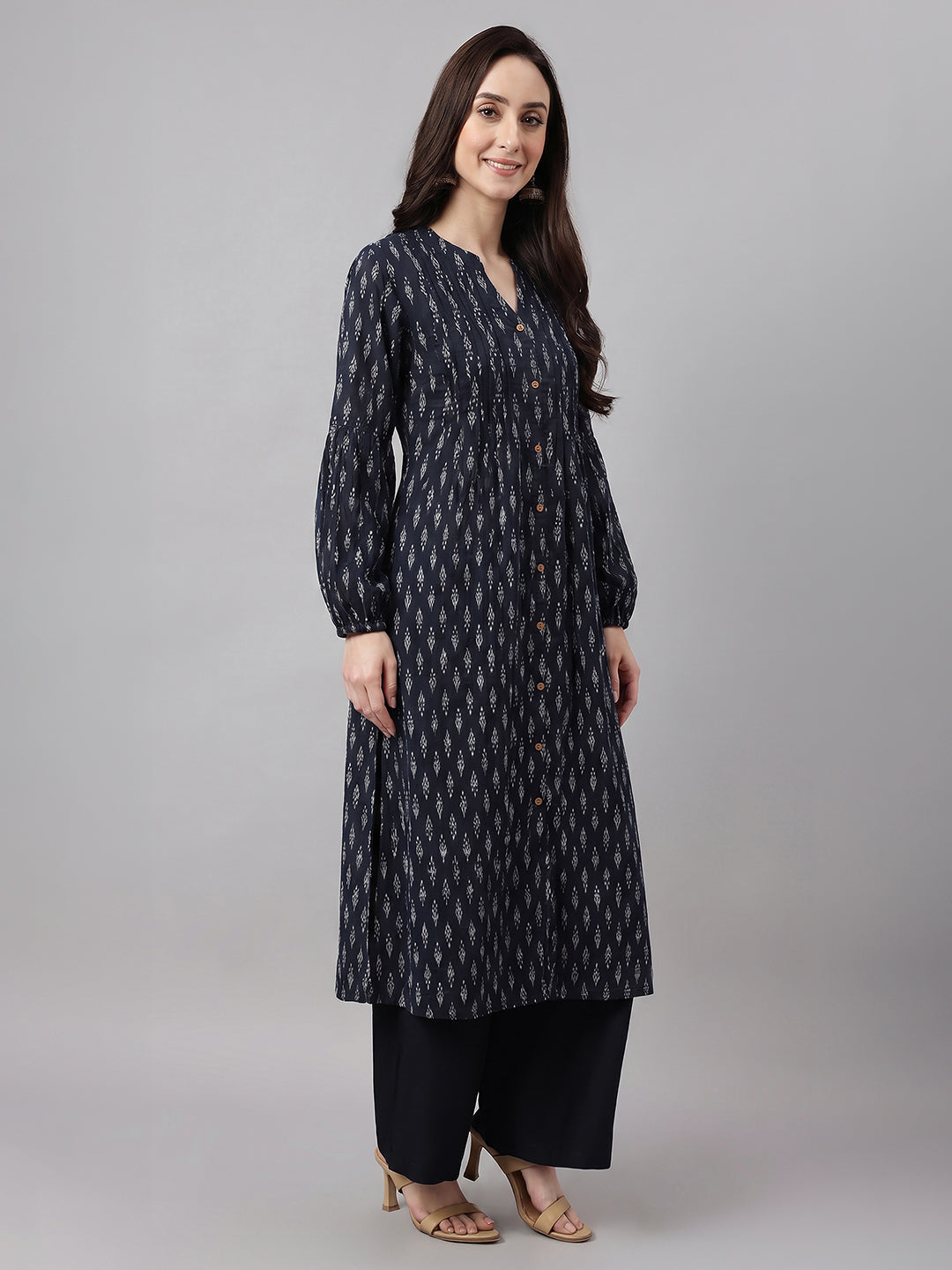 Janasya Women's Black Pure Cotton Ethnic Motifs Printed A-Line Kurta