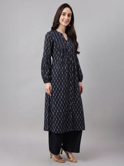 Janasya Women's Black Pure Cotton Ethnic Motifs Printed A-Line Kurta