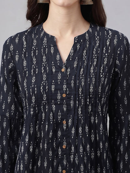 Janasya Women's Black Pure Cotton Ethnic Motifs Printed A-Line Kurta