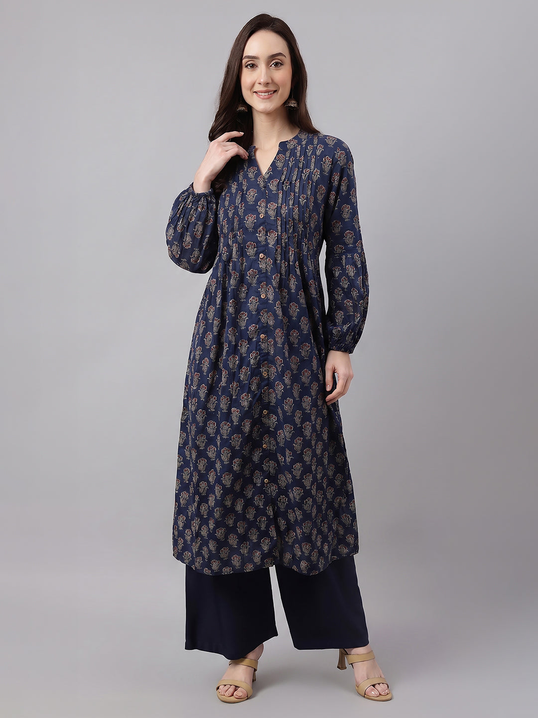 Janasya Women's Blue Pure Cotton Ethnic Motifs Printed Straight Kurta
