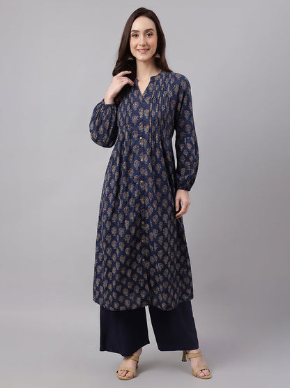 Janasya Women's Blue Pure Cotton Ethnic Motifs Printed Straight Kurta