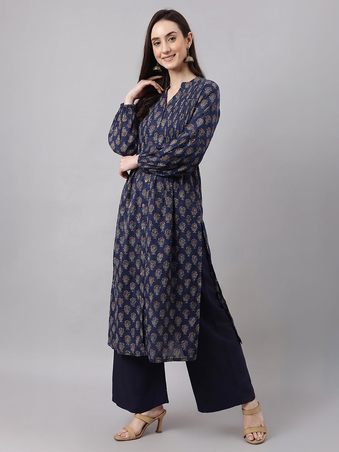 Janasya Women's Blue Pure Cotton Ethnic Motifs Printed Straight Kurta