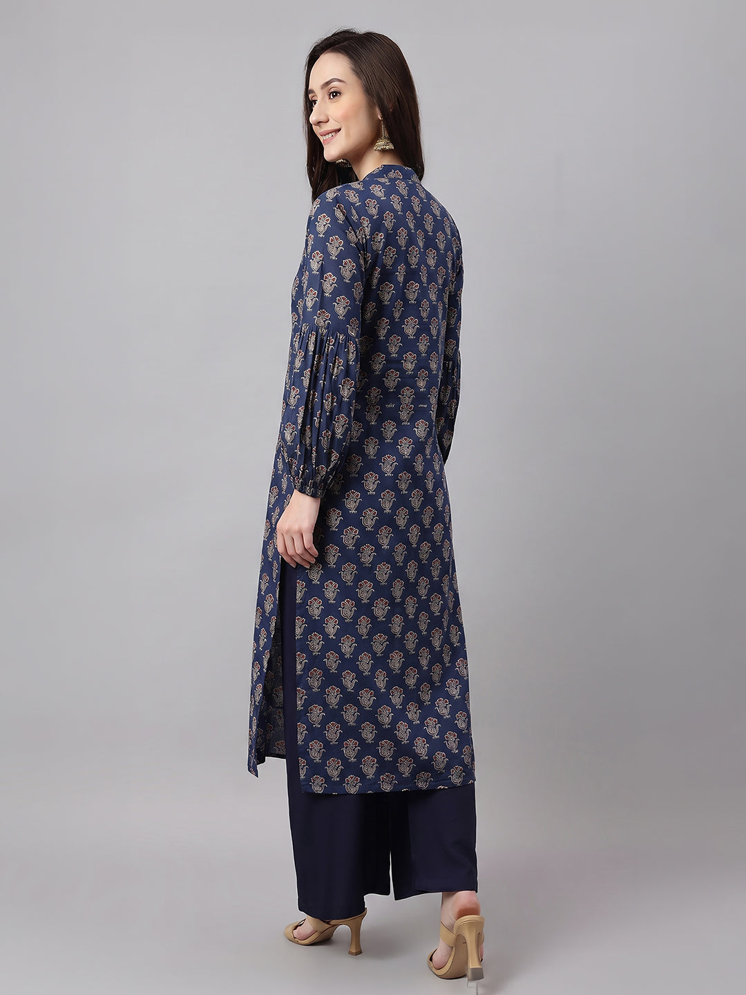Janasya Women's Blue Pure Cotton Ethnic Motifs Printed Straight Kurta