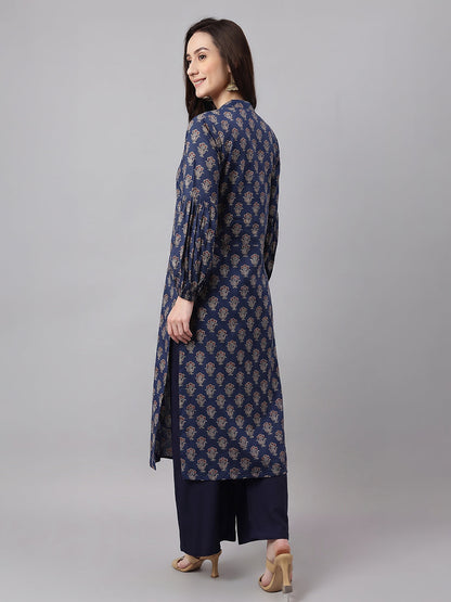 Janasya Women's Blue Pure Cotton Ethnic Motifs Printed Straight Kurta
