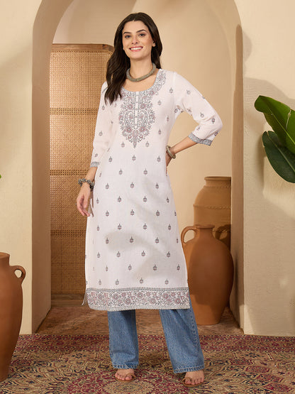 Janasya Women's Off White Pure Cotton Ethnic Motifs Printed Straight Kurta