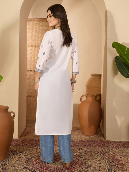 Janasya Women's Off White Pure Cotton Ethnic Motifs Printed Straight Kurta