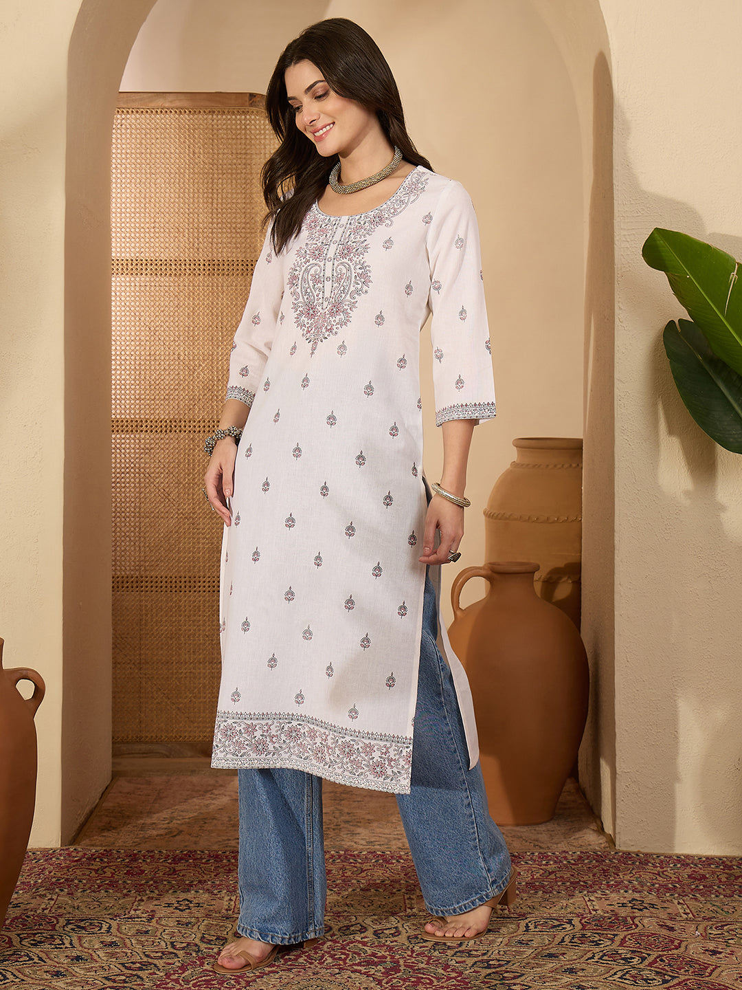 Janasya Women's Off White Pure Cotton Ethnic Motifs Printed Straight Kurta