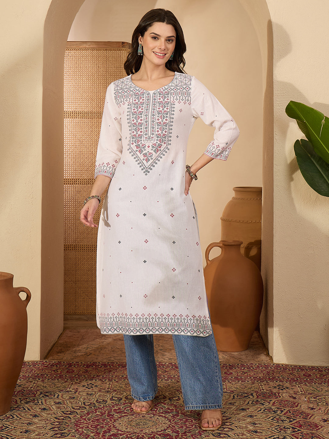 Janasya Women's White Linen Cotton Kasuti Motif Printed Straight Kurta