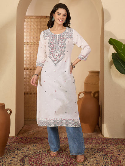 Janasya Women's White Linen Cotton Kasuti Motif Printed Straight Kurta