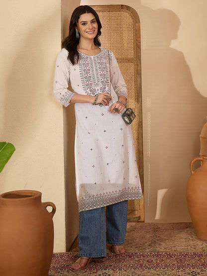 Janasya Women's White Linen Cotton Kasuti Motif Printed Straight Kurta