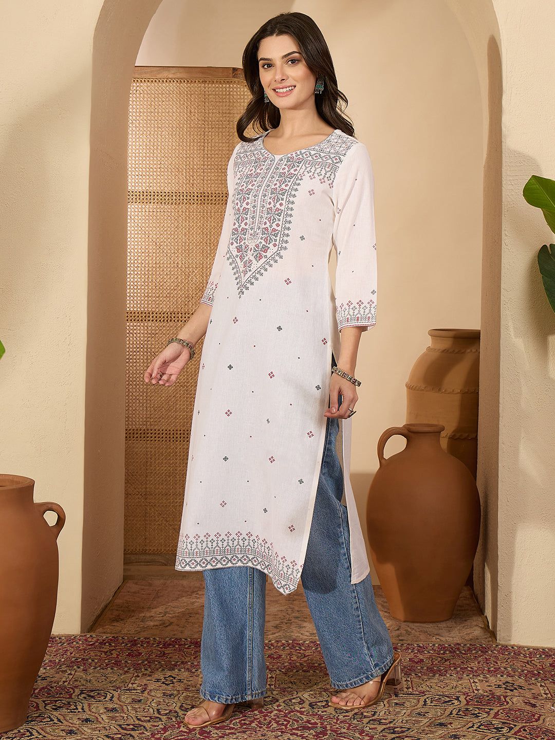 Janasya Women's White Linen Cotton Kasuti Motif Printed Straight Kurta