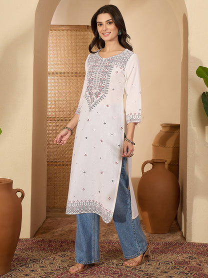 Janasya Women's White Linen Cotton Kasuti Motif Printed Straight Kurta