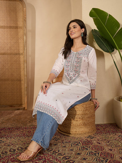Janasya Women's White Linen Cotton Kasuti Motif Printed Straight Kurta
