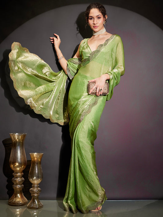 Janasya Women's Green & Gold Tissue Silk One-Minute Ready-to-Wear Embellished Saree with Unstitched Blouse